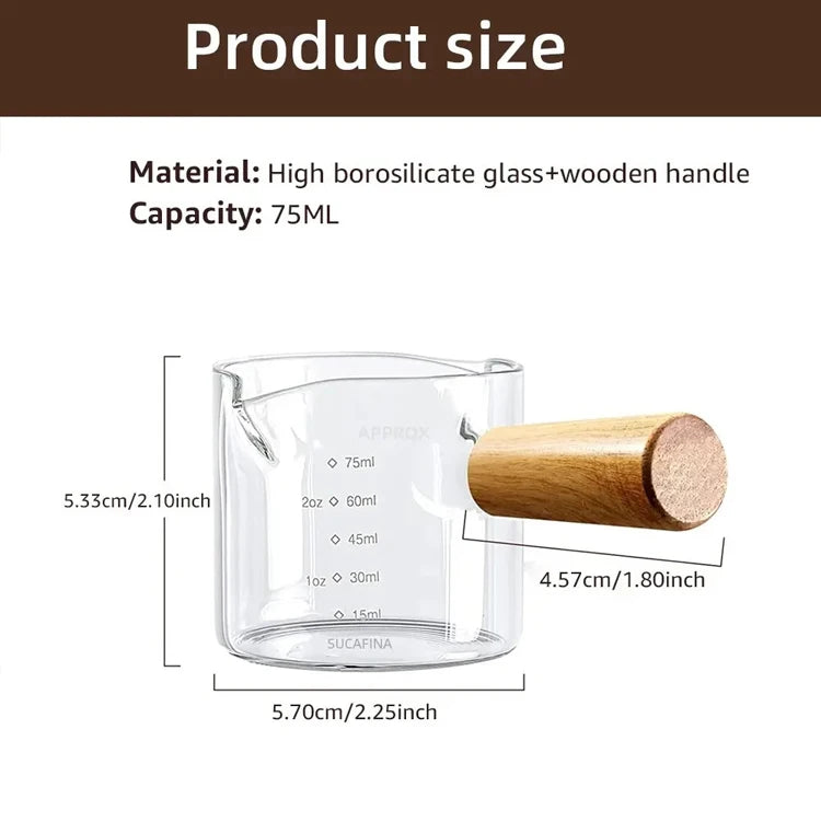 Taza Medidora de Café de Vidrio con Mango de Madera y Escala - 75ML, Transparente, Accesorio para Baristas