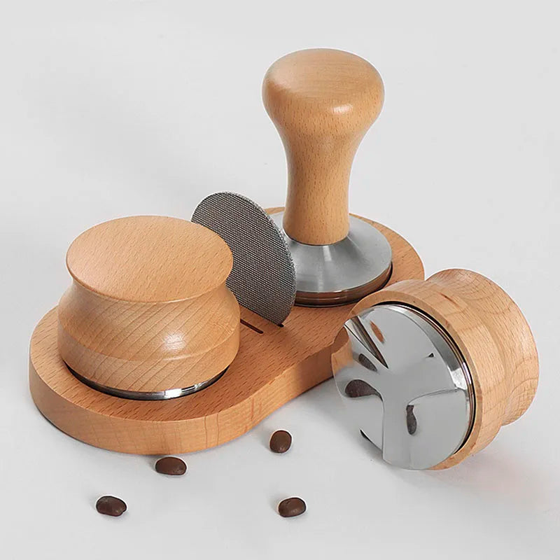 Distribuidor y Tamper de Café, Profundidad Ajustable - Tamper Manual Profesional para Espresso 51/53/58 mm, Acero Inoxidable con Mango de Madera