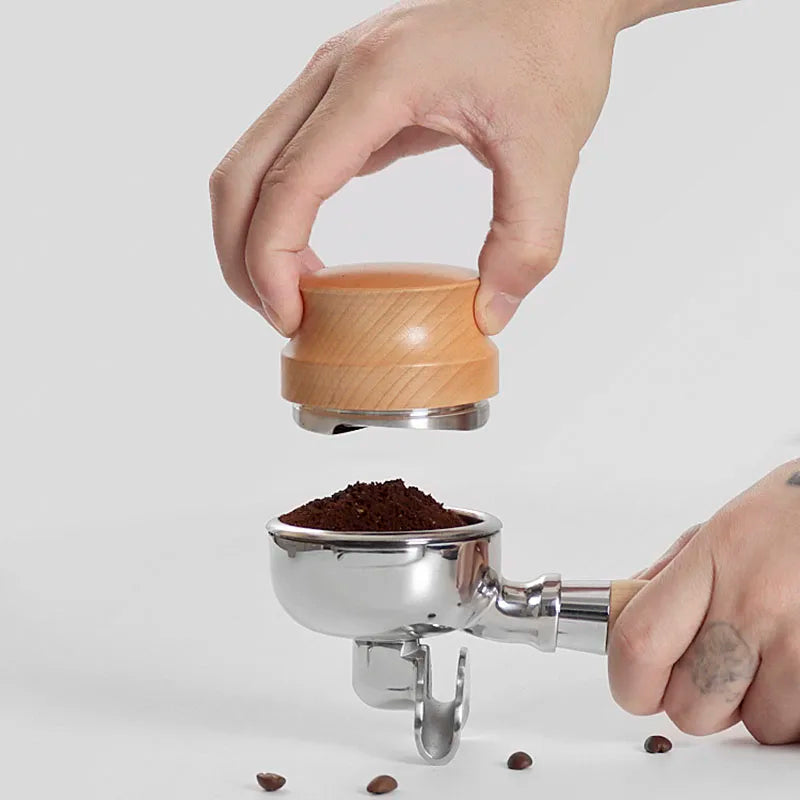 Distribuidor y Tamper de Café, Profundidad Ajustable - Tamper Manual Profesional para Espresso 51/53/58 mm, Acero Inoxidable con Mango de Madera